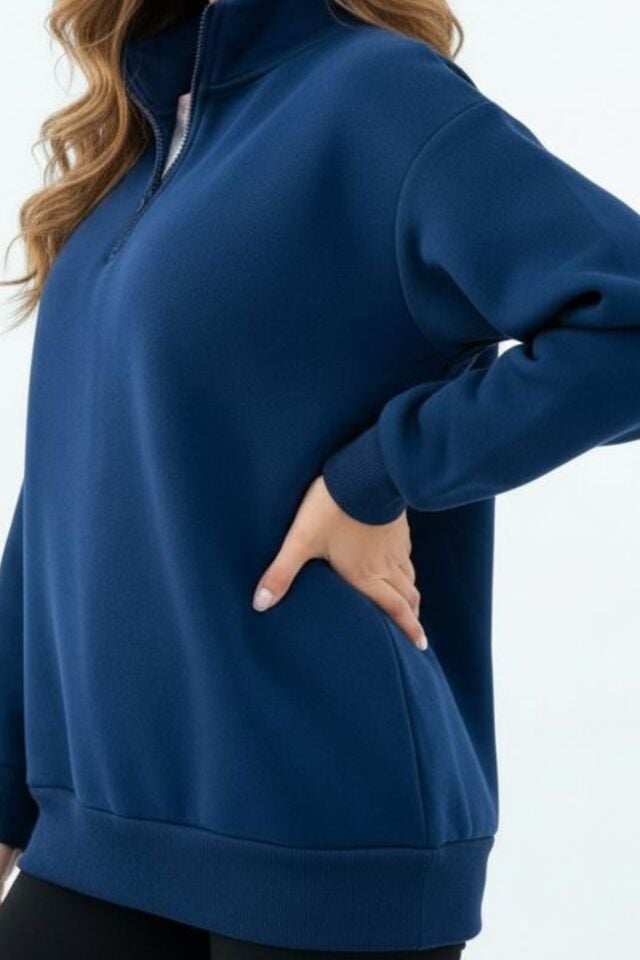 Kadın 3 İplik İçi Polarlı Yarım Fermuarlı Oversize Sweatshirt 1112 S - Lacivert
