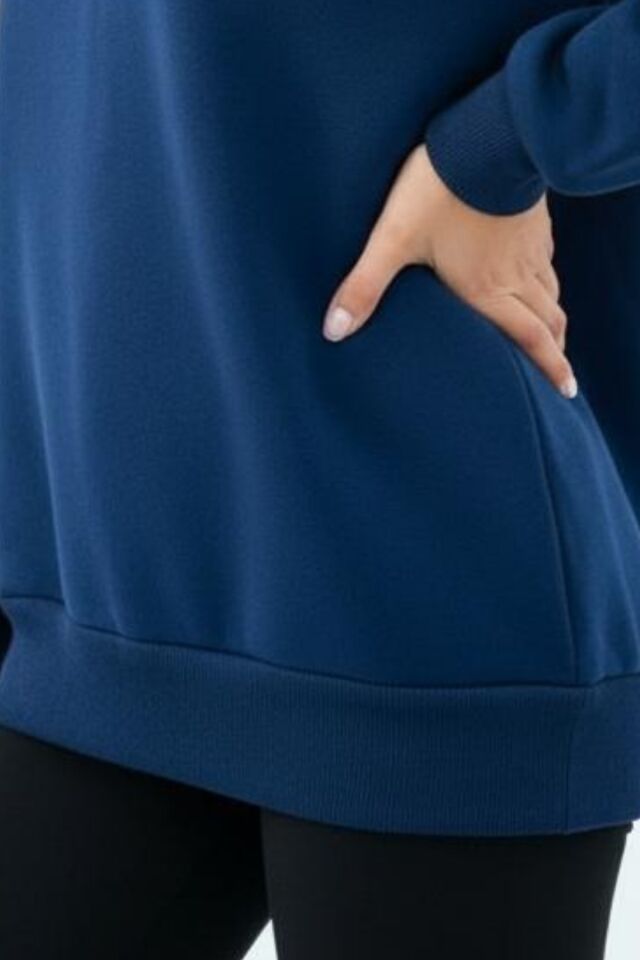 Kadın 3 İplik İçi Polarlı Yarım Fermuarlı Oversize Sweatshirt 1112 S - Lacivert