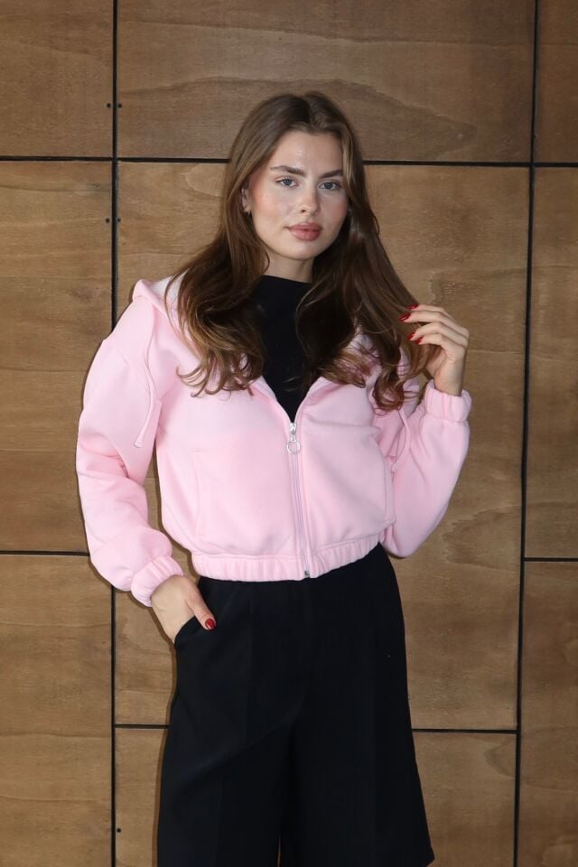 Balenbi Kadın 3 İplik İçi Polarlı Kapüşonlu Fermuarlı Kısa Hırka 1111 S - Pembe