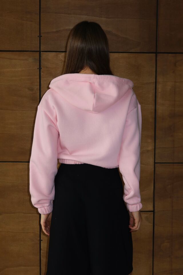 Balenbi Kadın 3 İplik İçi Polarlı Kapüşonlu Fermuarlı Kısa Hırka 1111 S - Pembe