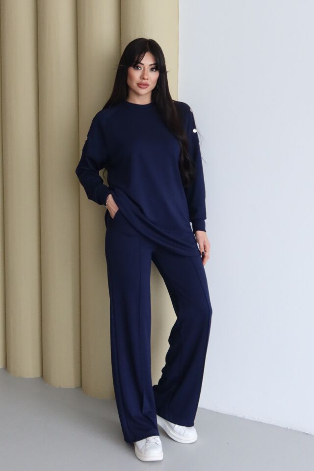 Balenbi Omuz Çıtçıt Detaylı Bisiklet Yaka Oversize Modal Tesettür Takım 1178 S - Lacivert