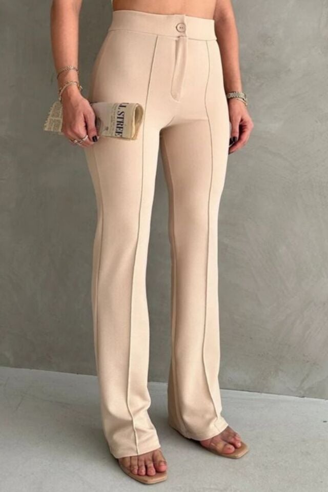 Balenbi 1079 Kadın Bej Yüksek Bel Toparlayıcı Ispanyol Paça Palazzo Pantolon 40 - Krem