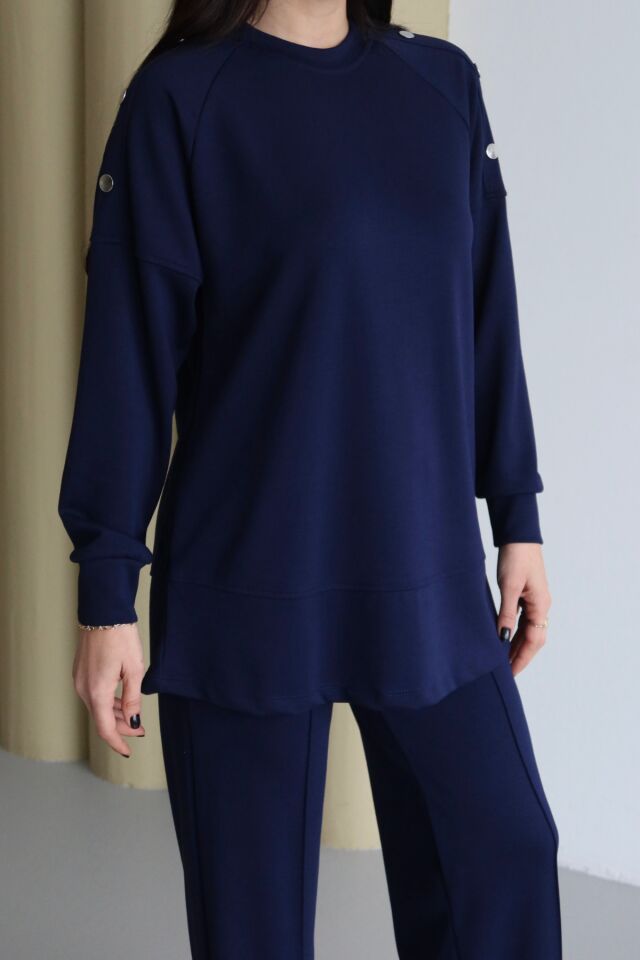 Balenbi Omuz Çıtçıt Detaylı Bisiklet Yaka Oversize Modal Tesettür Takım 1178 Lacivert - XL