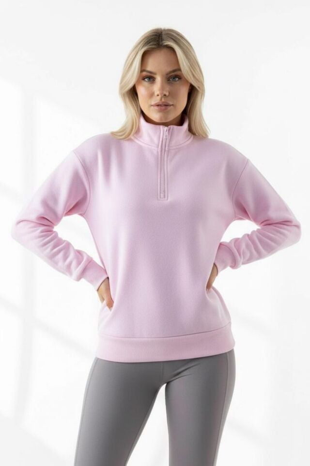 Kadın 3 İplik İçi Polarlı Yarım Fermuarlı Oversize Sweatshirt 1112 S - Pembe