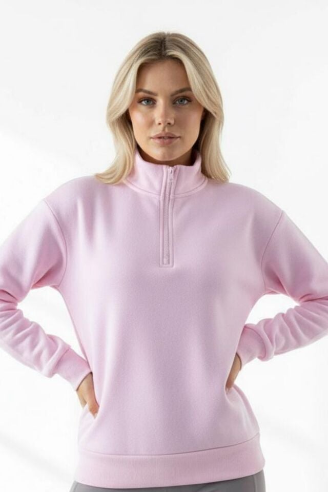 Kadın 3 İplik İçi Polarlı Yarım Fermuarlı Oversize Sweatshirt 1112 S - Pembe
