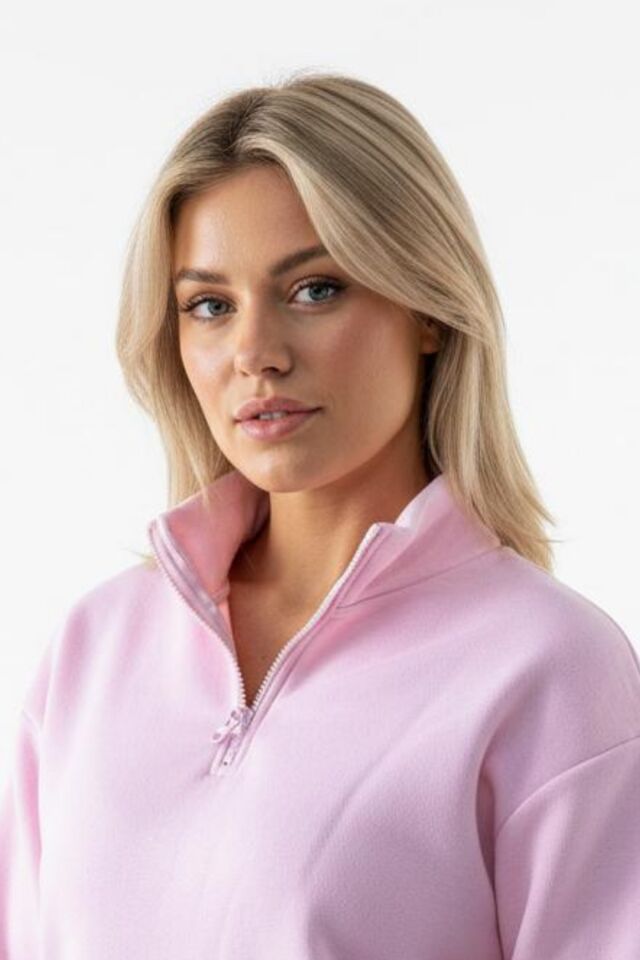 Kadın 3 İplik İçi Polarlı Yarım Fermuarlı Oversize Sweatshirt 1112 S - Pembe