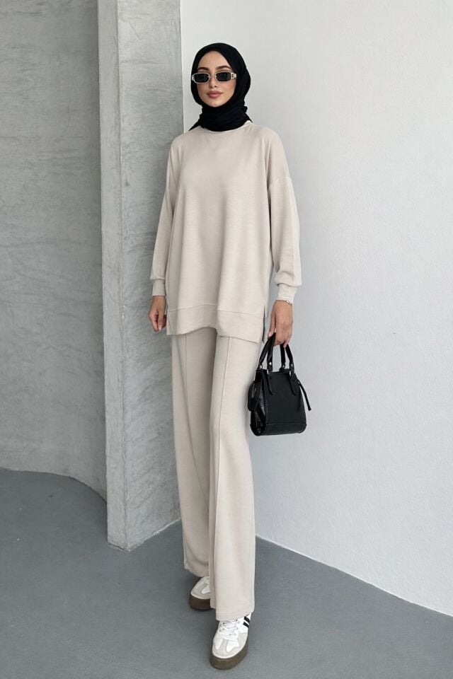 Feela Moda Kadın Modal Penye Oversize Tesettür Tunik Takım 2020 L - Taş