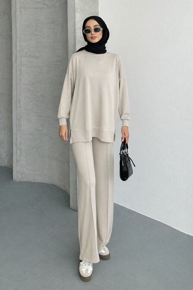 Feela Moda Kadın Modal Penye Oversize Tesettür Tunik Takım 2020 L - Taş