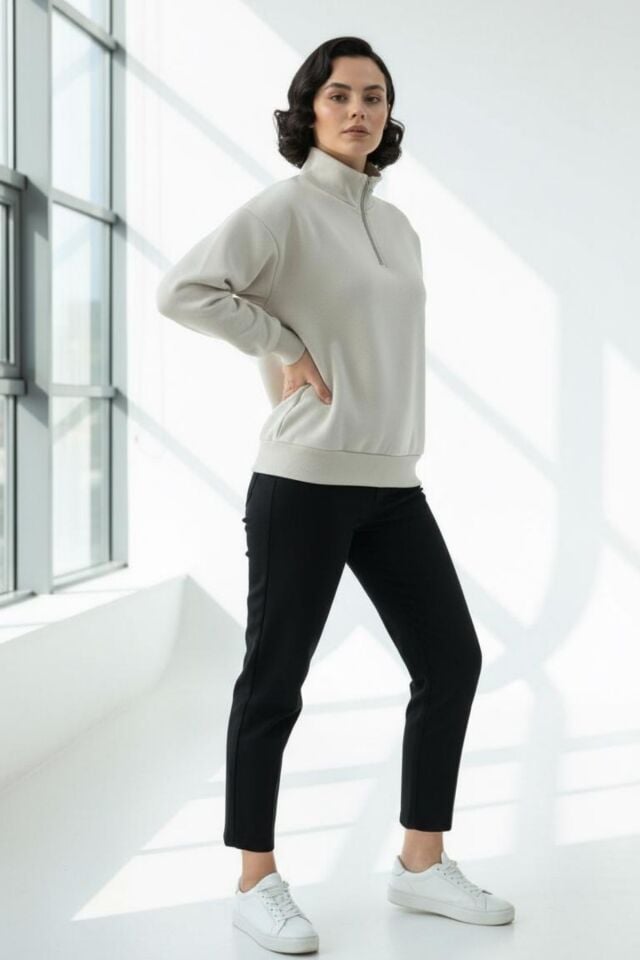 Kadın 3 İplik İçi Polarlı Yarım Fermuarlı Oversize Sweatshirt 1112 S - Bej