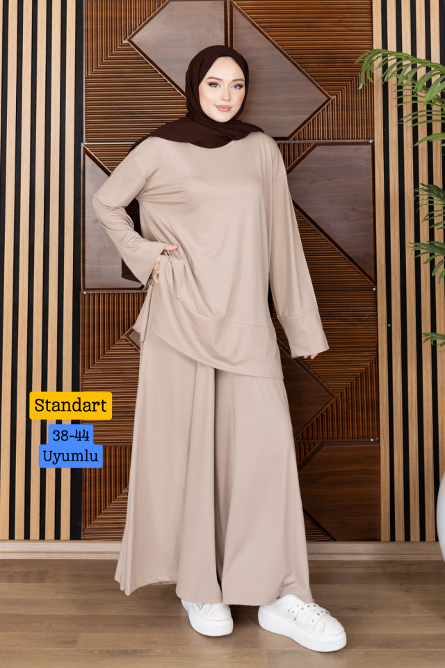 Balenbi Kadın Modal Cupra Kumaş Oversize Tunik Bol Paça Pantolon Tesettür Takım 1227 - Premium Seri Standart - Bej