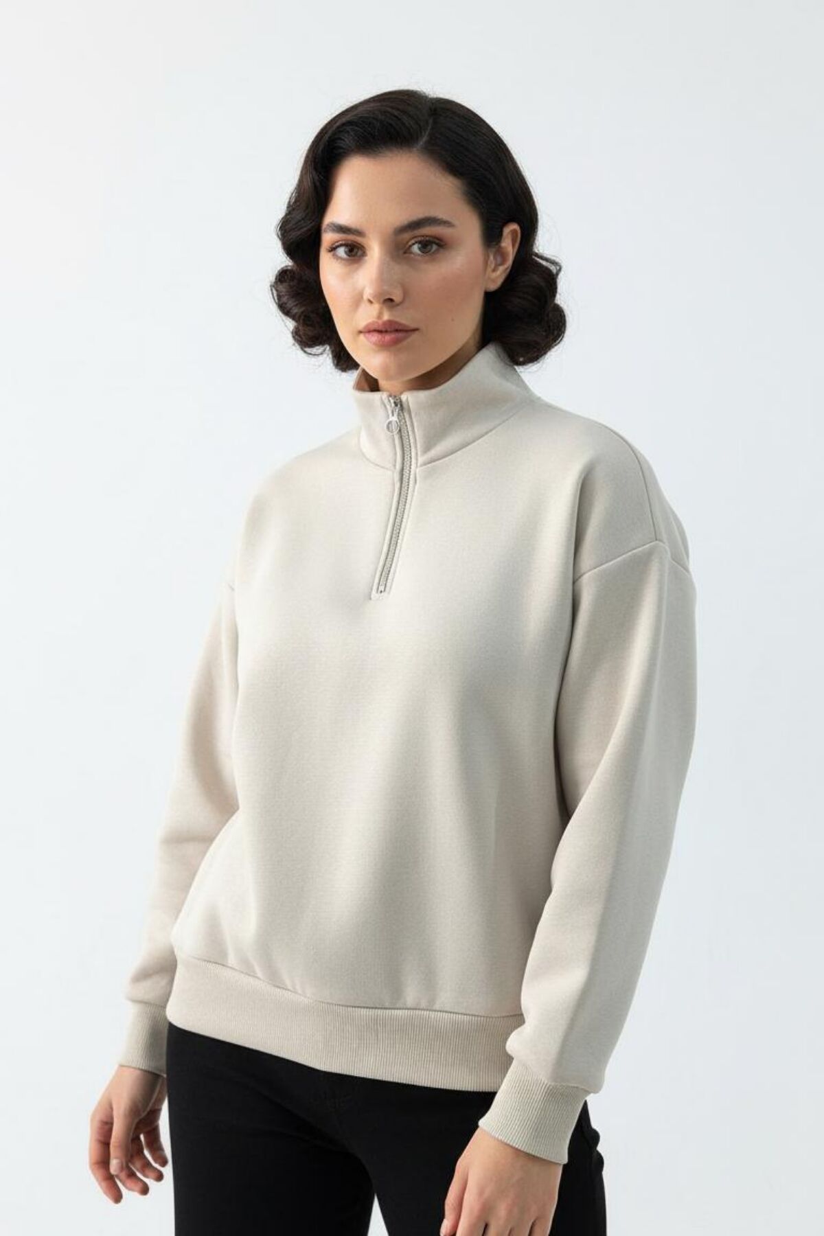 Kadın 3 İplik İçi Polarlı Yarım Fermuarlı Oversize Sweatshirt 1112 S - Bej