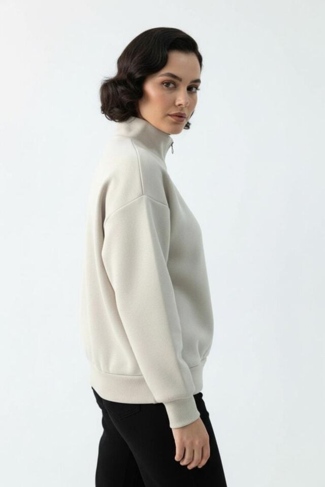 Kadın 3 İplik İçi Polarlı Yarım Fermuarlı Oversize Sweatshirt 1112 S - Bej