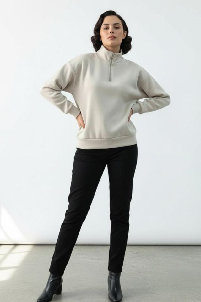 Kadın 3 İplik İçi Polarlı Yarım Fermuarlı Oversize Sweatshirt 1112 S - Bej