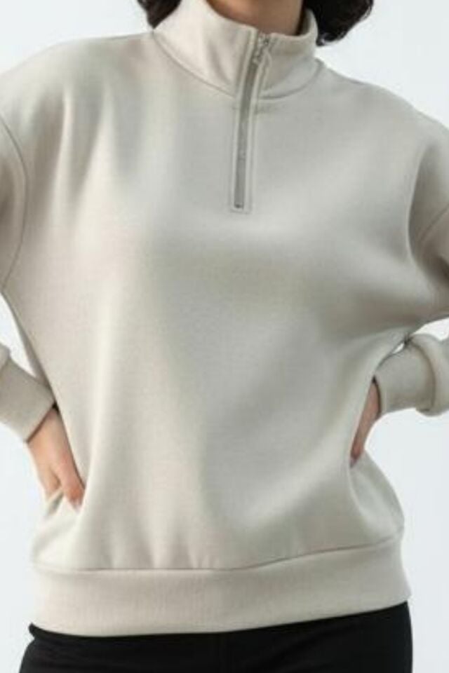Kadın 3 İplik İçi Polarlı Yarım Fermuarlı Oversize Sweatshirt 1112 S - Bej
