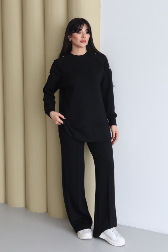 Balenbi Omuz Çıtçıt Detaylı Bisiklet Yaka Oversize Modal Tesettür Takım 1178 Siyah - XL