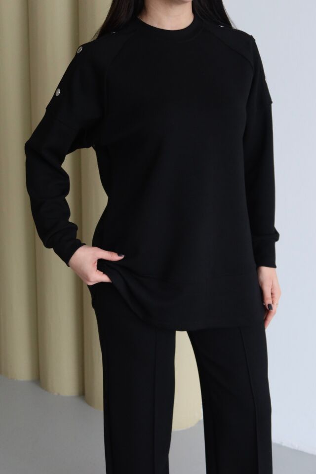 Balenbi Omuz Çıtçıt Detaylı Bisiklet Yaka Oversize Modal Tesettür Takım 1178 Siyah - XL