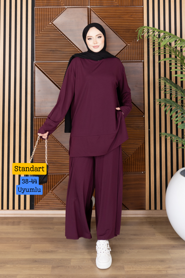 Balenbi Kadın Modal Cupra Kumaş Oversize Tunik Bol Paça Pantolon Tesettür Takım 1227 - Premium Seri Standart - Bordo