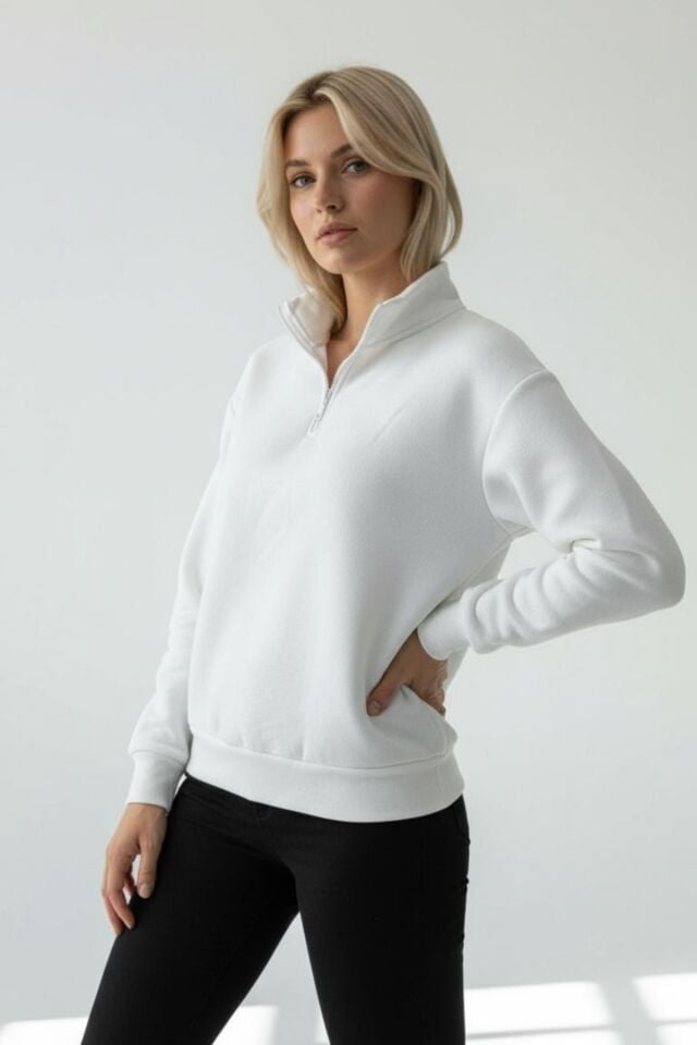 Kadın 3 İplik İçi Polarlı Yarım Fermuarlı Oversize Sweatshirt 1112 M - Ekru