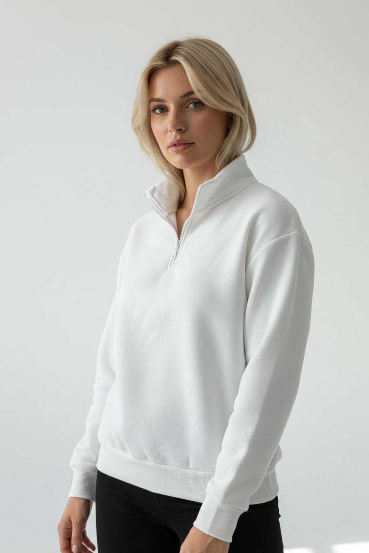 Kadın 3 İplik İçi Polarlı Yarım Fermuarlı Oversize Sweatshirt 1112 M - Ekru
