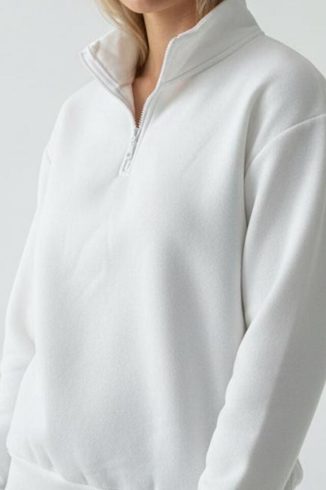 Kadın 3 İplik İçi Polarlı Yarım Fermuarlı Oversize Sweatshirt 1112 M - Ekru