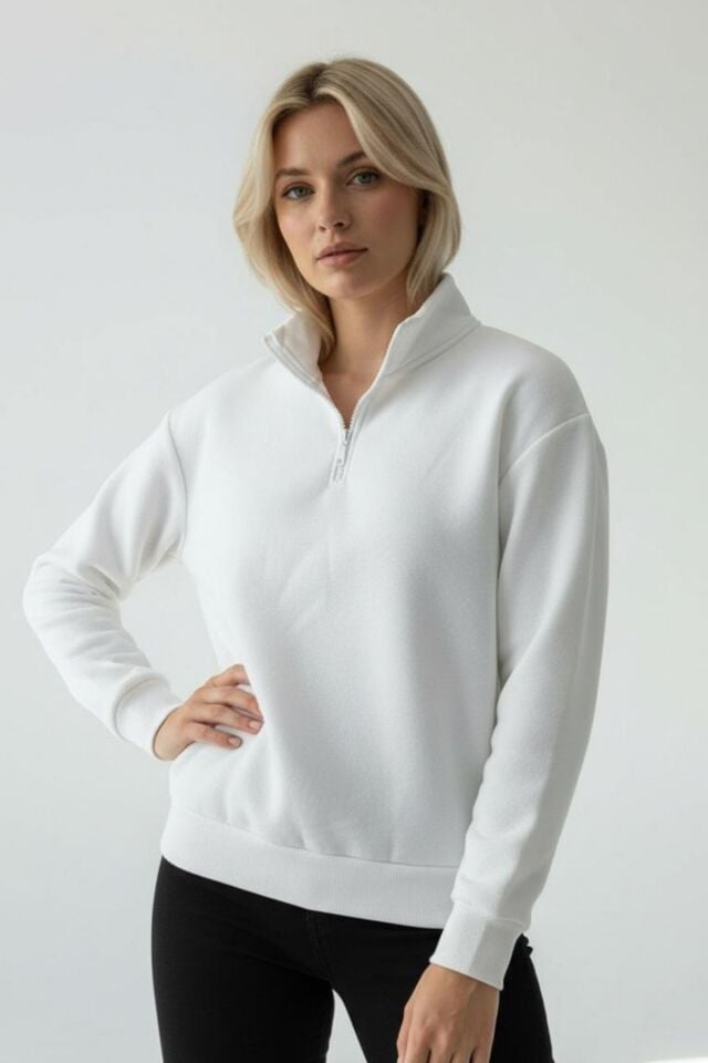 Kadın 3 İplik İçi Polarlı Yarım Fermuarlı Oversize Sweatshirt 1112 M - Ekru