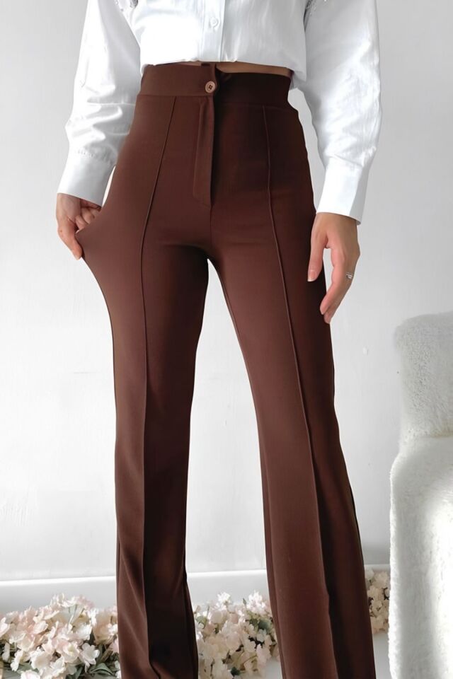 Balenbi 1079 Kadın Bej Yüksek Bel Toparlayıcı Ispanyol Paça Palazzo Pantolon Acı Kahve - 42