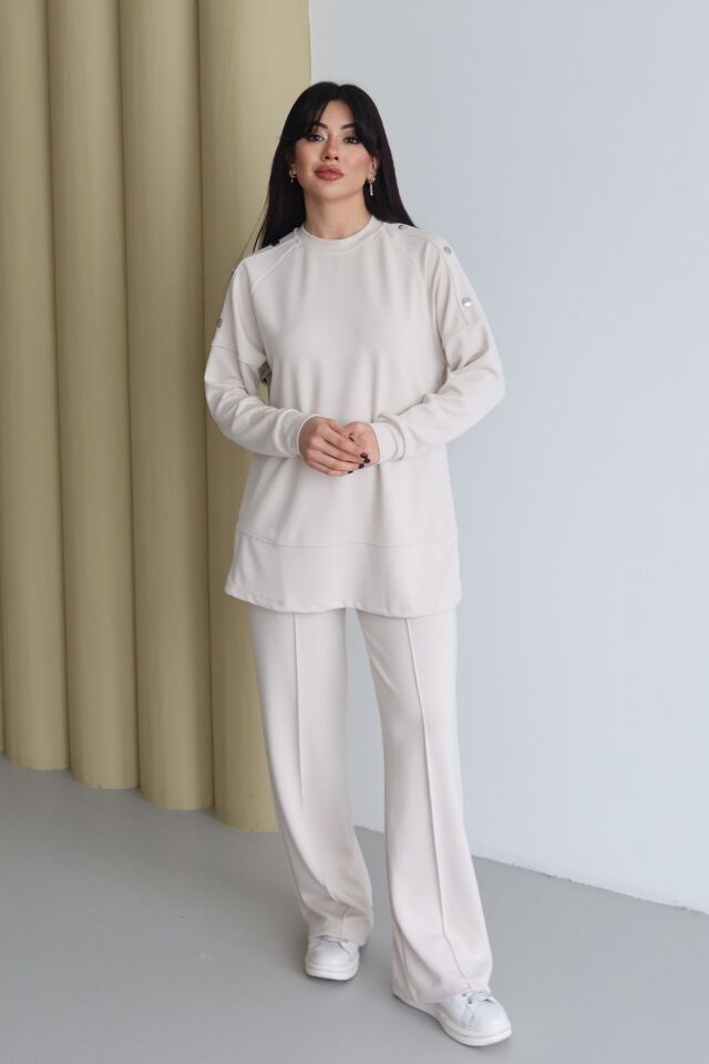 Balenbi Omuz Çıtçıt Detaylı Bisiklet Yaka Oversize Modal Tesettür Takım 1178 Taş - XL