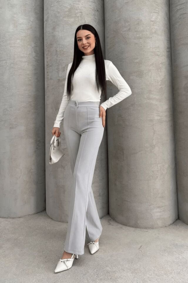 Balenbi 1079 Kadın Bej Yüksek Bel Toparlayıcı Ispanyol Paça Palazzo Pantolon 42 - Açık Gri