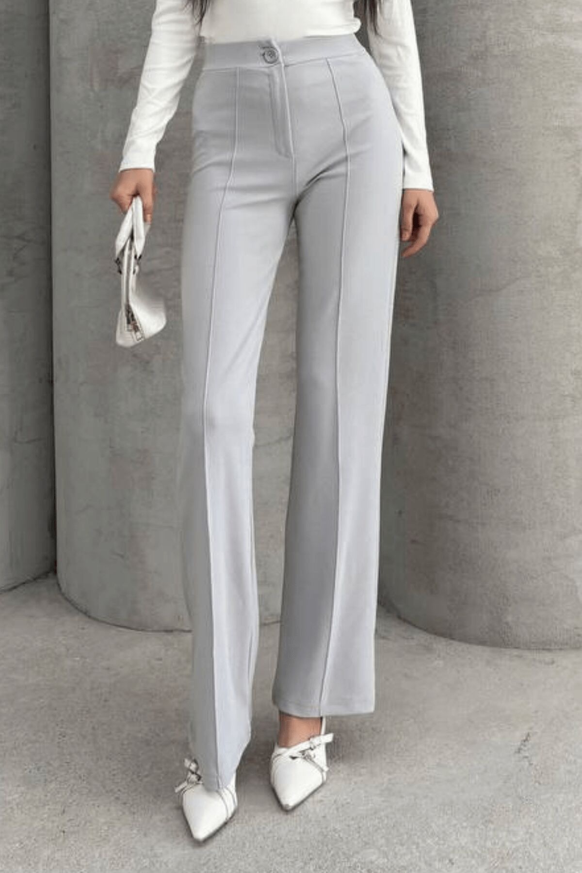 Balenbi 1079 Kadın Bej Yüksek Bel Toparlayıcı Ispanyol Paça Palazzo Pantolon 42 - Açık Gri