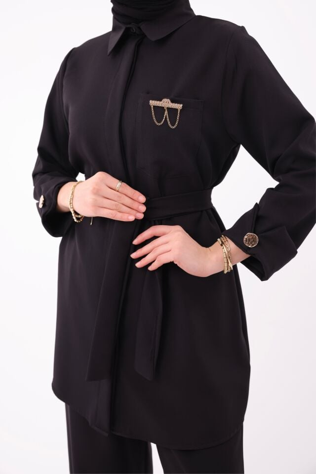 Balenbi Gömlek Yaka Beli Kuşaklı Double Krep Dokuma Tesettür Takım 1181