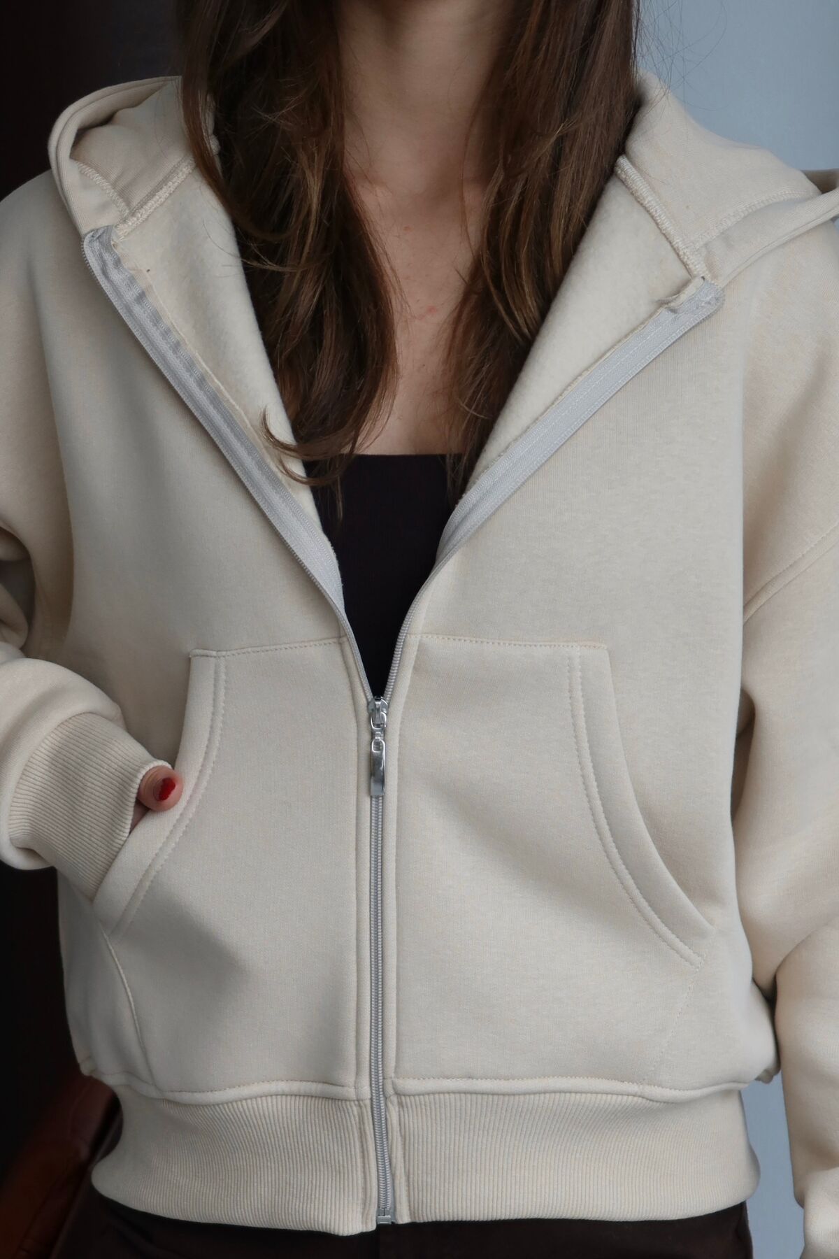 Balenbi Kadın 3 İplik İçi Polarlı Kapüşonlu Oversize Sweat Hırka 1110 M - Bej