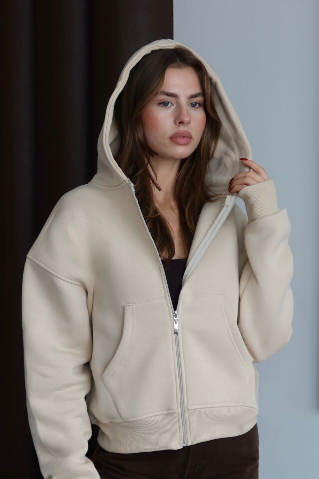 Balenbi Kadın 3 İplik İçi Polarlı Kapüşonlu Oversize Sweat Hırka 1110 M - Bej