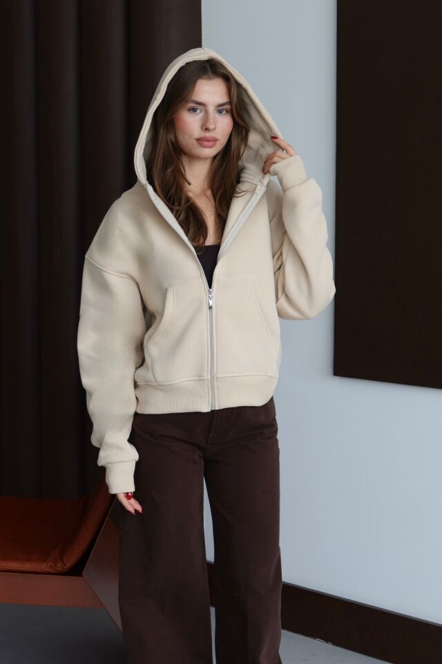 Balenbi Kadın 3 İplik İçi Polarlı Kapüşonlu Oversize Sweat Hırka 1110 M - Bej