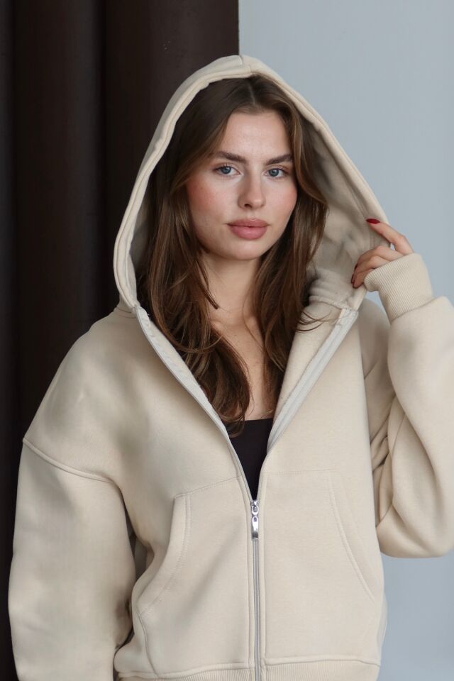 Balenbi Kadın 3 İplik İçi Polarlı Kapüşonlu Oversize Sweat Hırka 1110 M - Bej