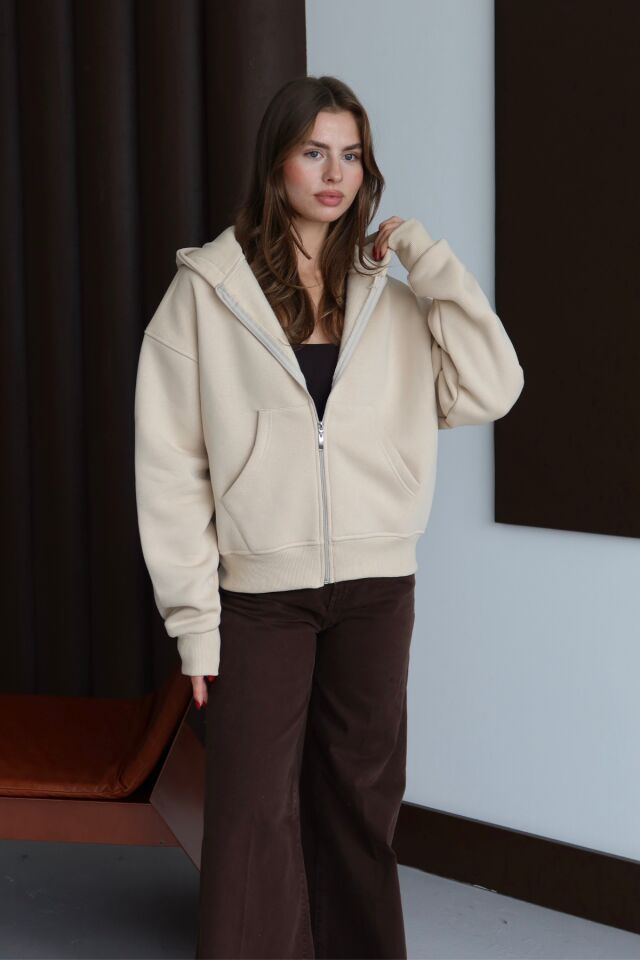 Balenbi Kadın 3 İplik İçi Polarlı Kapüşonlu Oversize Sweat Hırka 1110 M - Bej