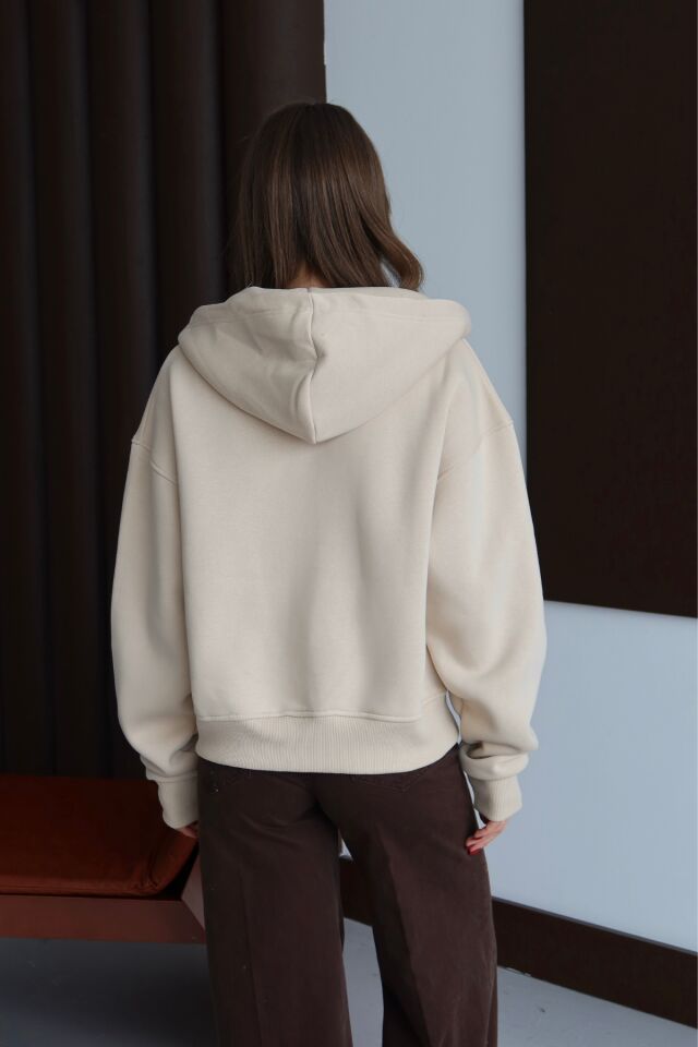 Balenbi Kadın 3 İplik İçi Polarlı Kapüşonlu Oversize Sweat Hırka 1110 M - Bej