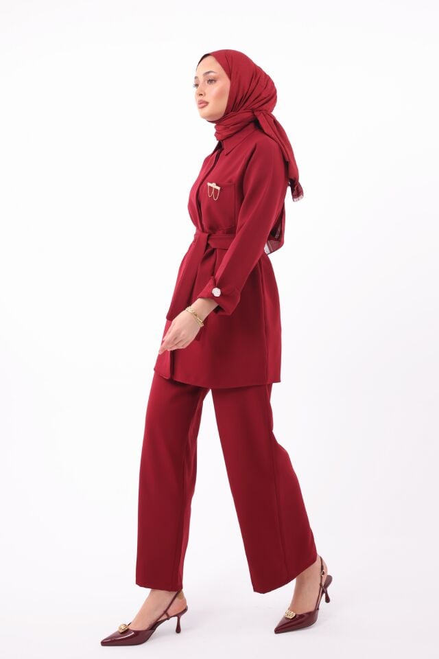 Balenbi Gömlek Yaka Beli Kuşaklı Double Krep Dokuma Tesettür Takım 1181 Bordo - XL/2XL