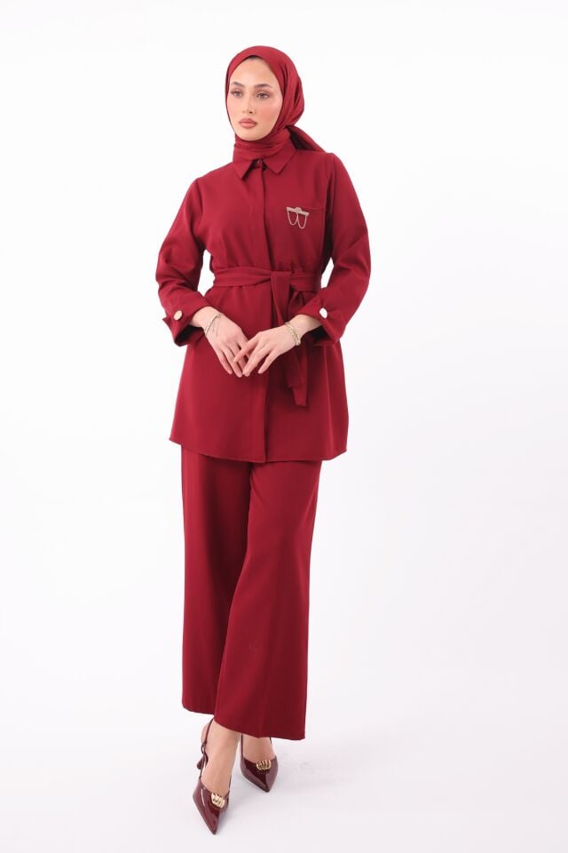 Balenbi Gömlek Yaka Beli Kuşaklı Double Krep Dokuma Tesettür Takım 1181 Bordo - XL/2XL