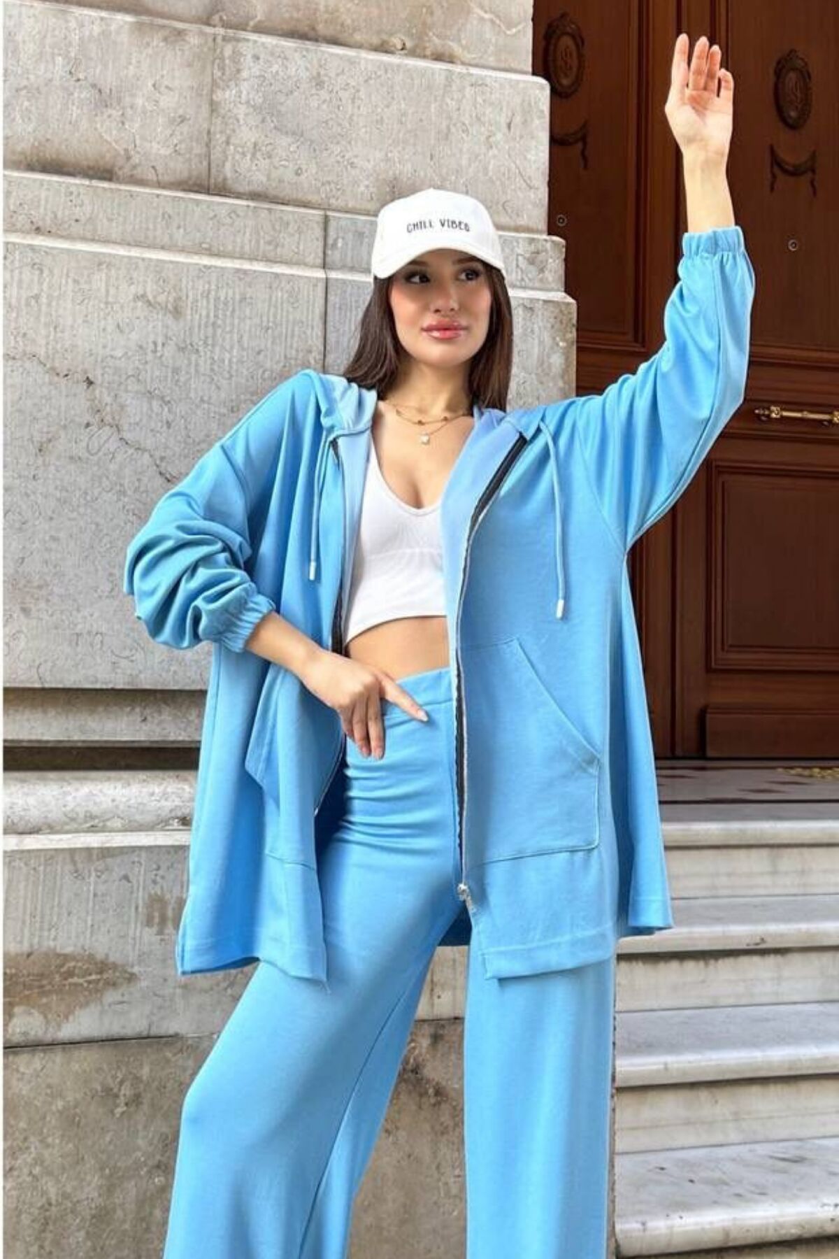 Balenbi Kadın Modal Penye Oversize Kapüşonlu Tesettür Tunik Takım 1108 L - Mavi