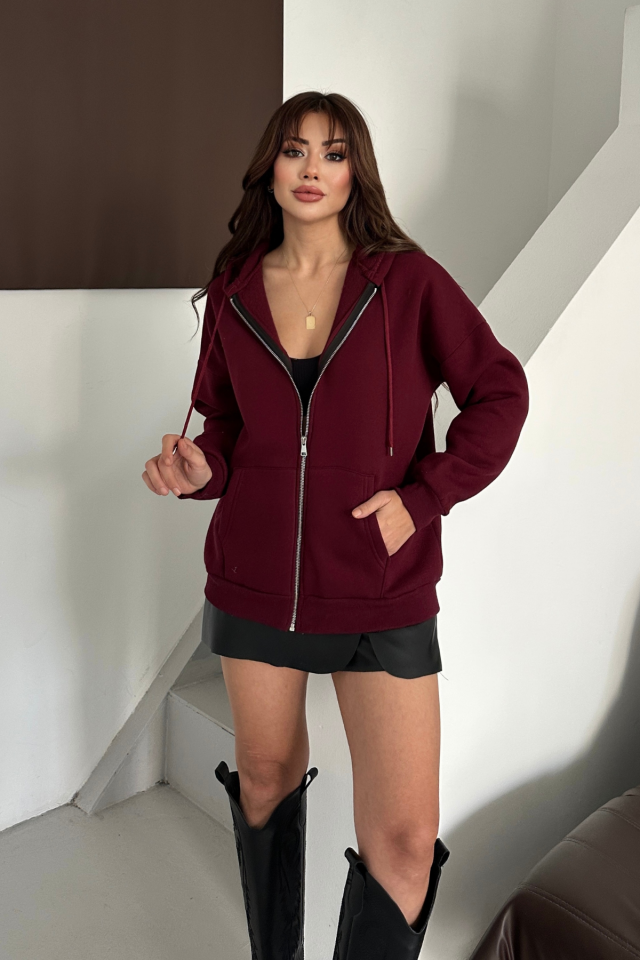 Balenbi Kadın 3 İplik İçi Polarlı Kapüşonlu Oversize Sweat Hırka 1110 M - Bordo