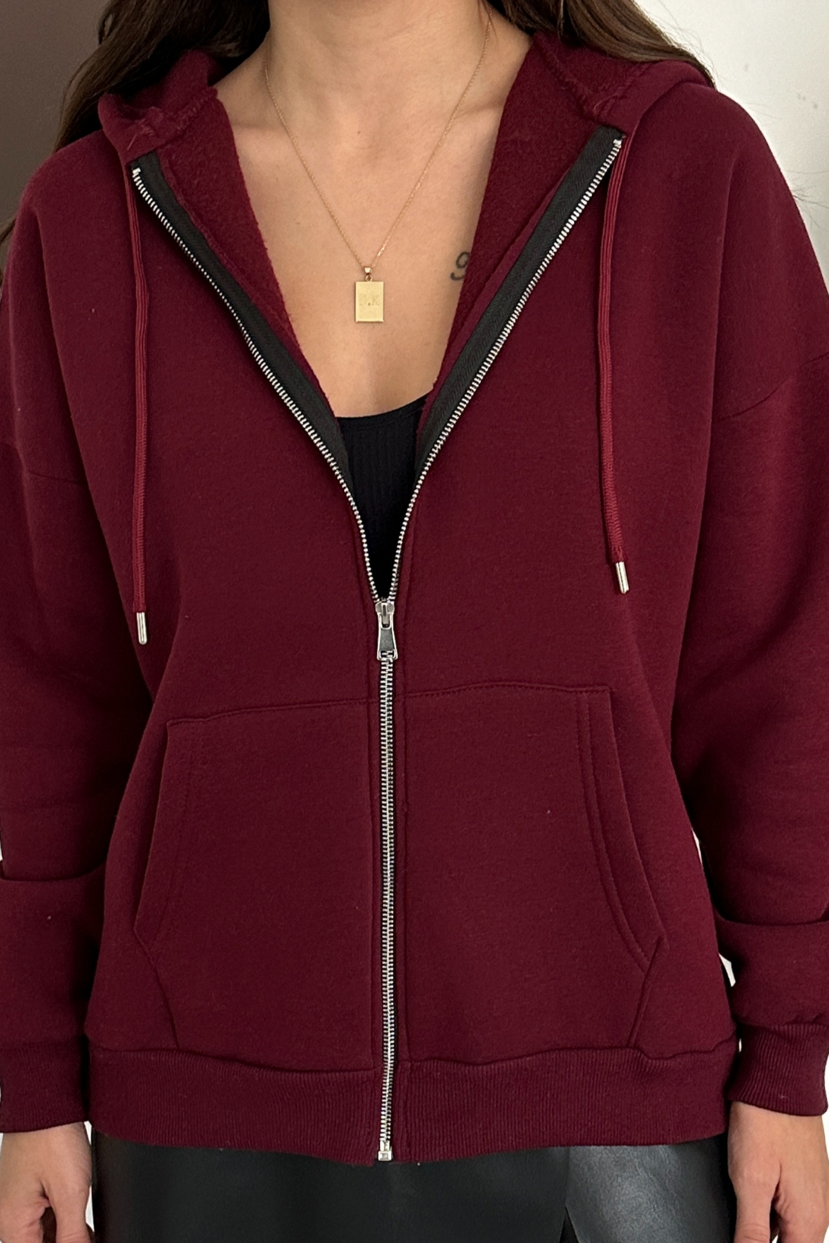 Balenbi Kadın 3 İplik İçi Polarlı Kapüşonlu Oversize Sweat Hırka 1110 S - Bordo