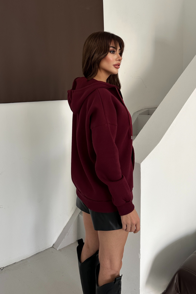 Balenbi Kadın 3 İplik İçi Polarlı Kapüşonlu Oversize Sweat Hırka 1110 S - Bordo