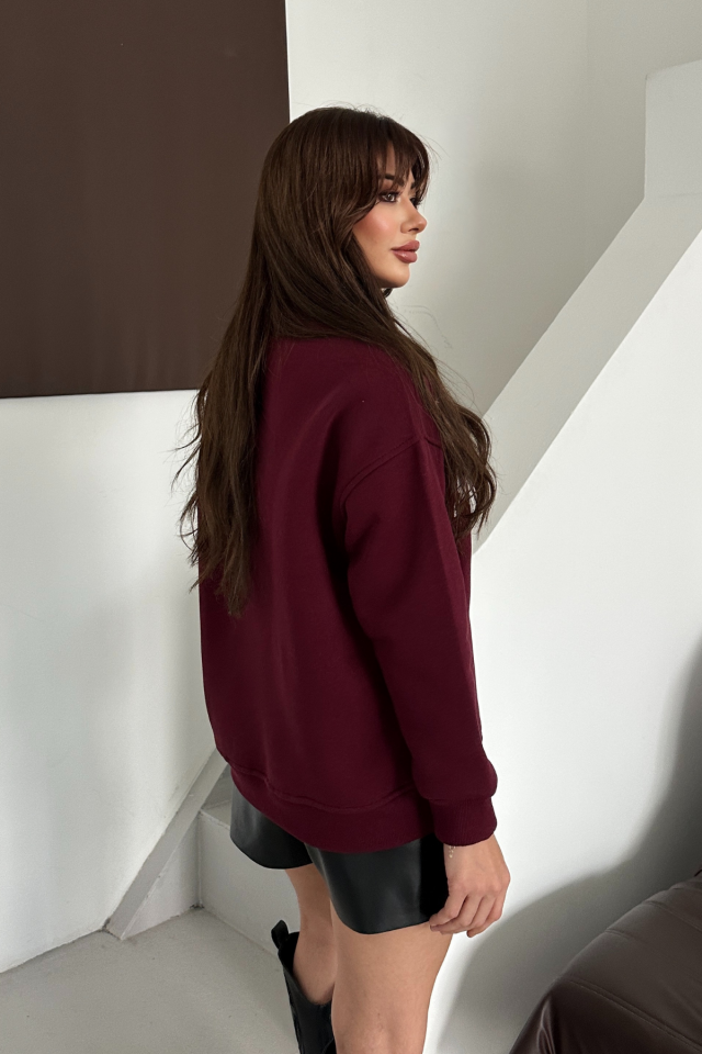 Balenbi Kadın 3 İplik İçi Polarlı Kapüşonlu Oversize Sweat Hırka 1110 S - Bordo