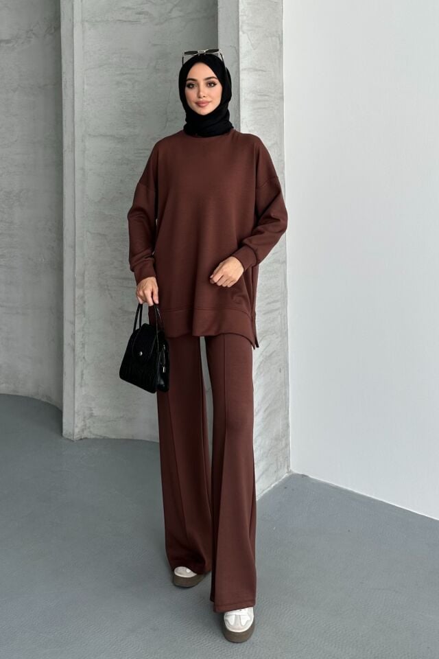 Feela Moda Kadın Modal Penye Oversize Tesettür Tunik Takım 2020 Kahverengi - 2XL