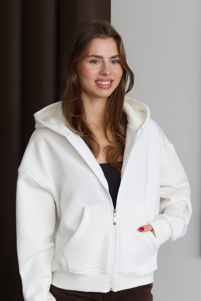 Balenbi Kadın 3 İplik İçi Polarlı Kapüşonlu Oversize Sweat Hırka 1110 S - Ekru