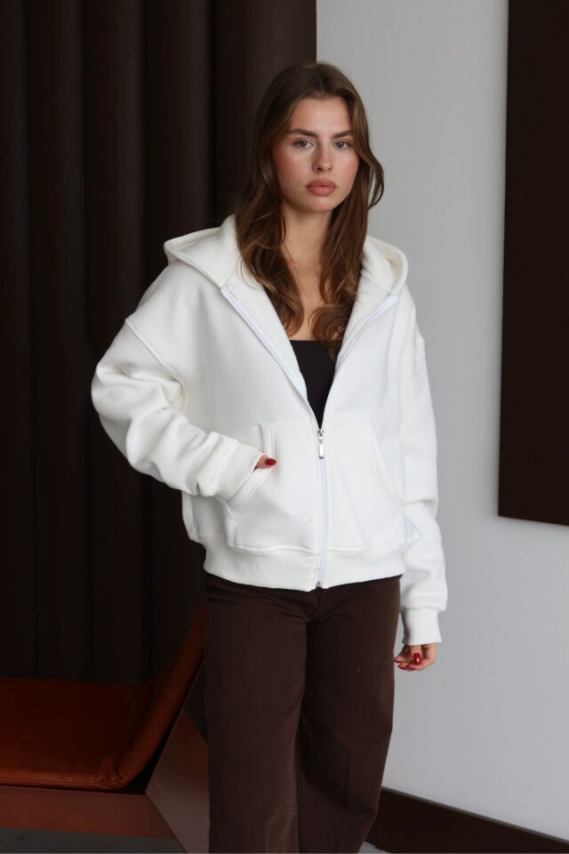Balenbi Kadın 3 İplik İçi Polarlı Kapüşonlu Oversize Sweat Hırka 1110 S - Ekru