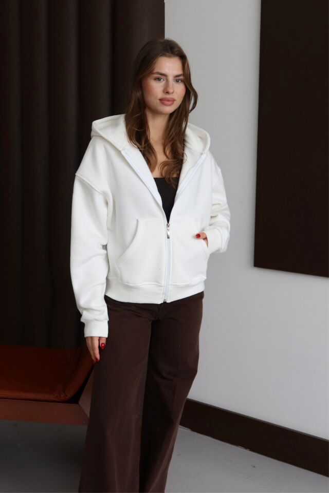 Balenbi Kadın 3 İplik İçi Polarlı Kapüşonlu Oversize Sweat Hırka 1110 S - Ekru