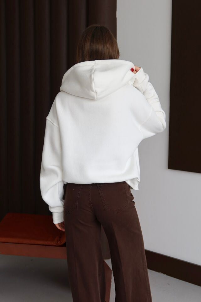 Balenbi Kadın 3 İplik İçi Polarlı Kapüşonlu Oversize Sweat Hırka 1110 S - Ekru