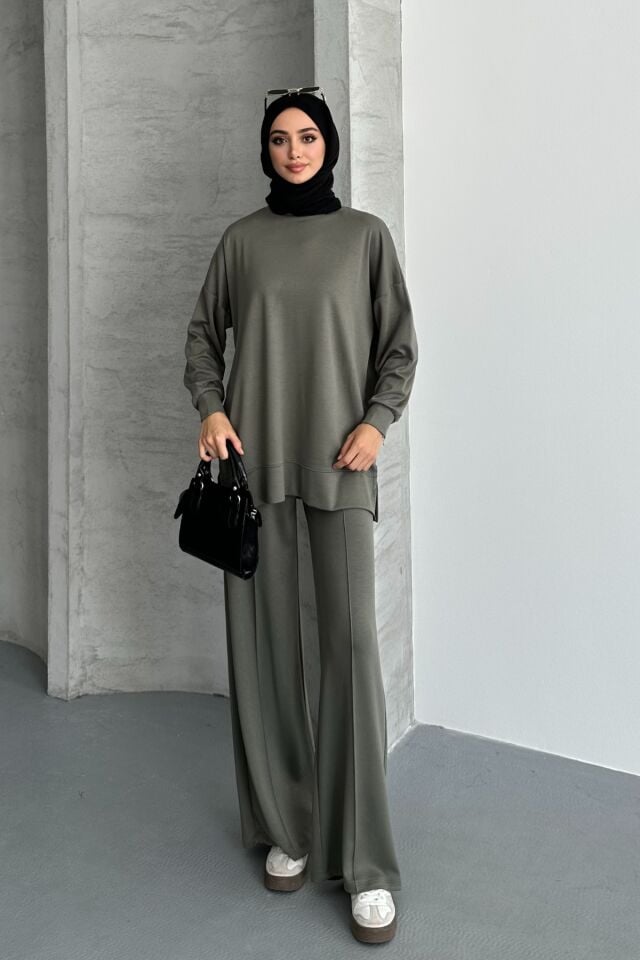 Feela Moda Kadın Modal Penye Oversize Tesettür Tunik Takım 2020 Haki - S