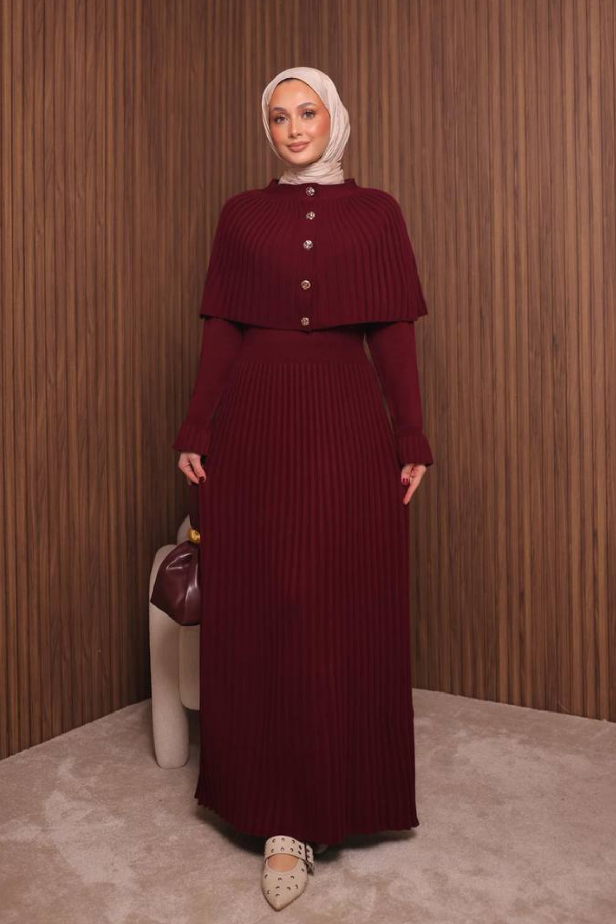 Balenbi Kadın Sık Örgü Pelerinli Triko Tesettür Elbise Std Beden 1150 Standart - Bordo